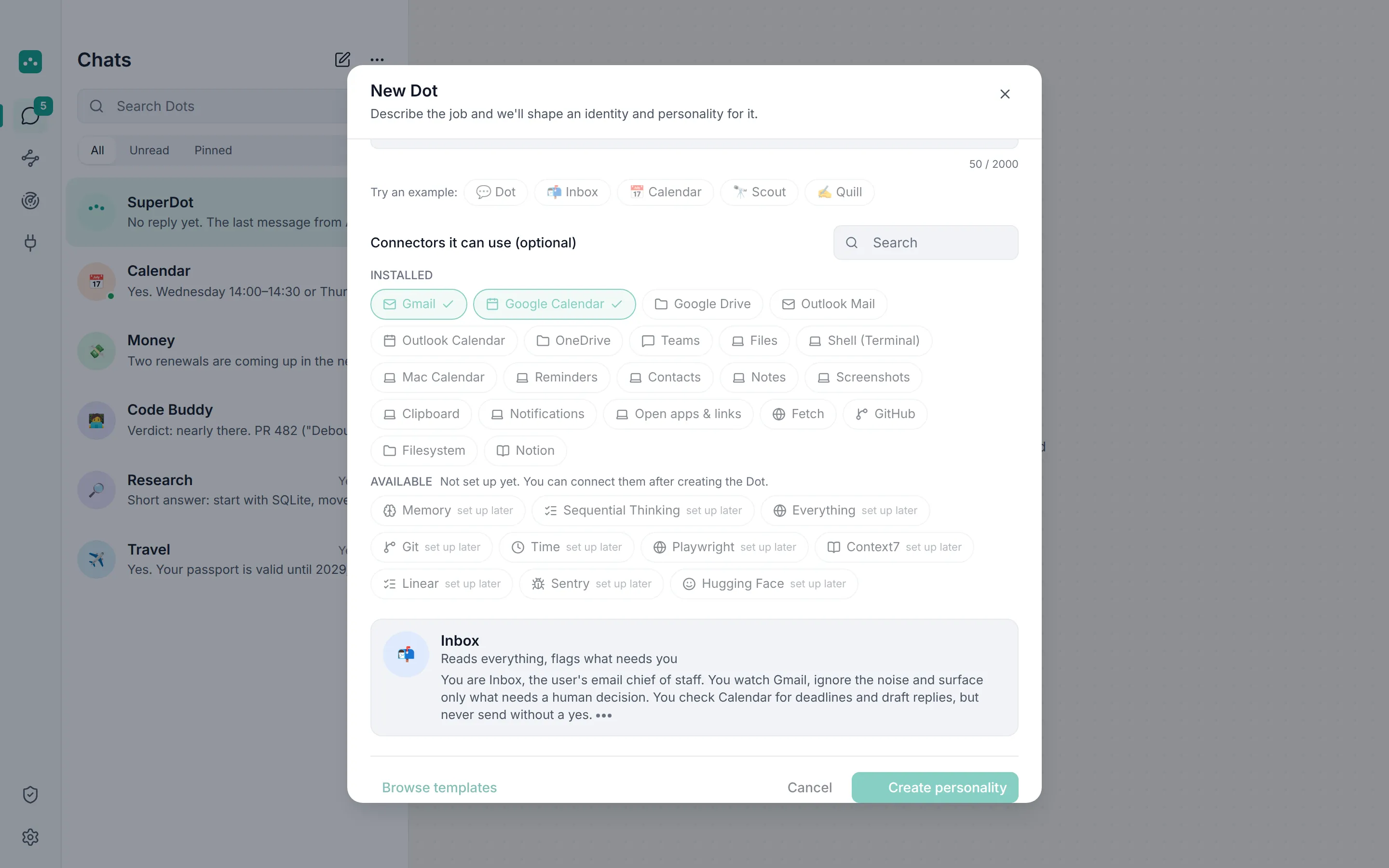 Reviewing the Dot's connectors and permissions before it is created.