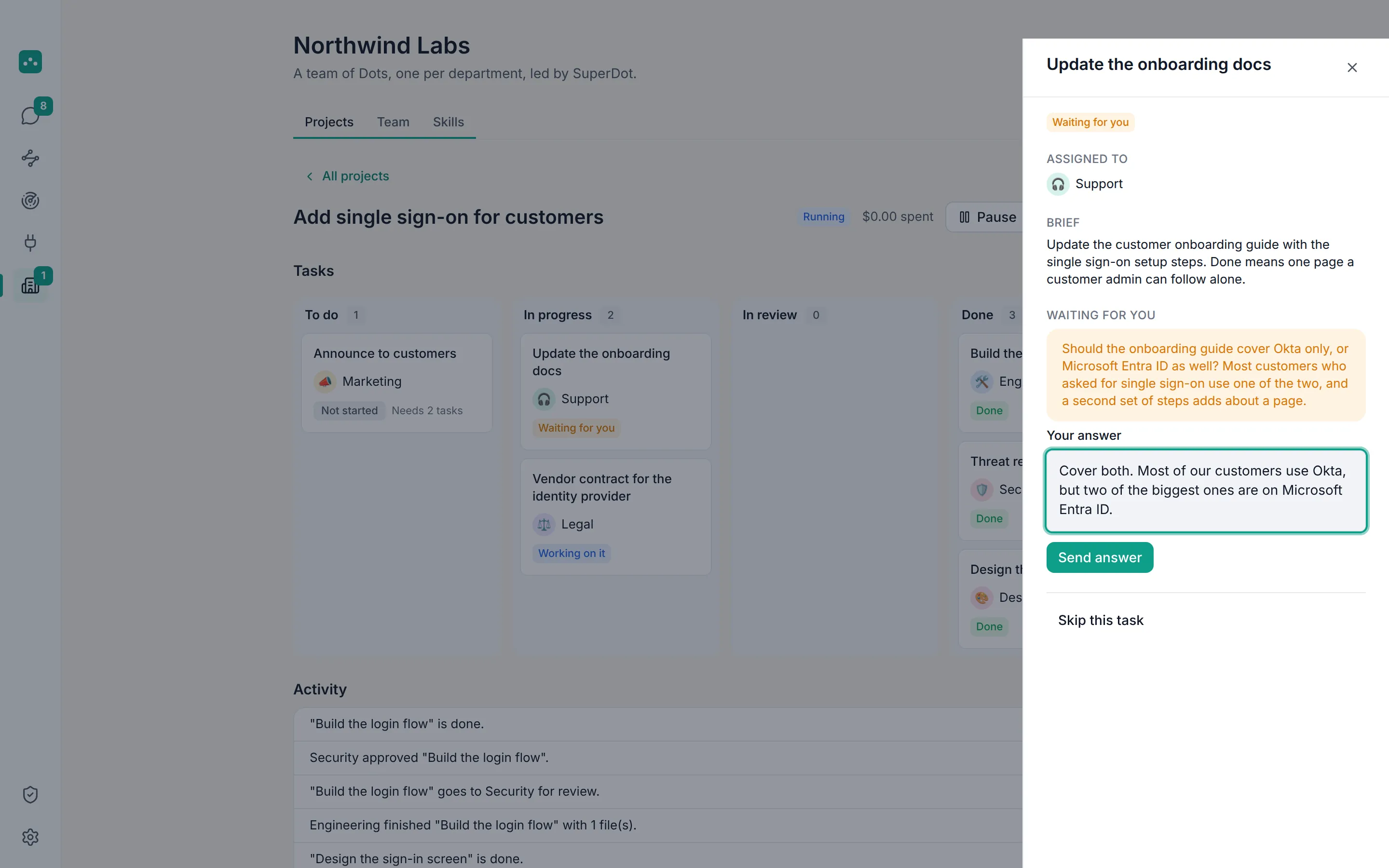 A task drawer in OpenDot showing the task's result, its deliverables and the reviewer's decision.