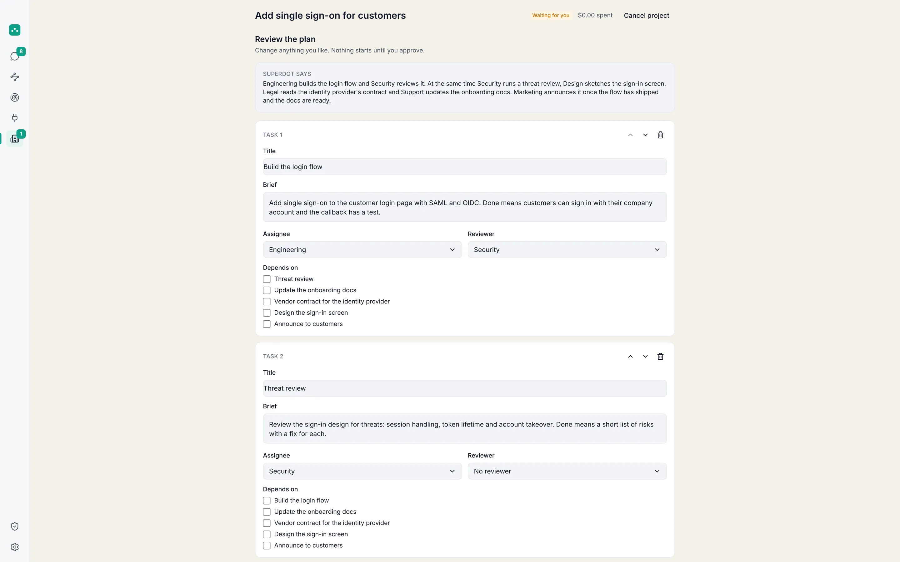 The plan SuperDot wrote in OpenDot: a list of tasks with owners, dependencies and reviewers, ready to edit and approve.