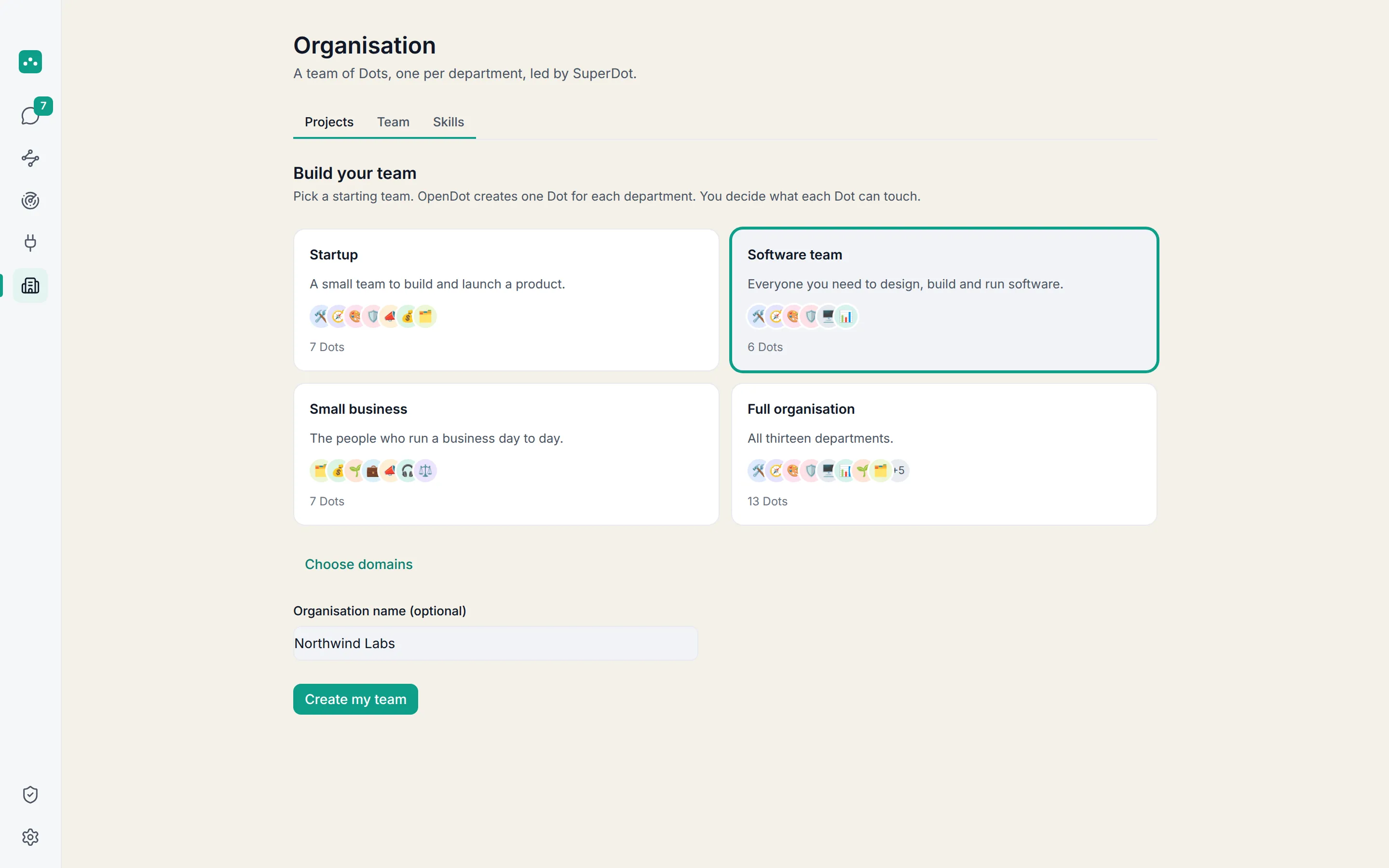 OpenDot's Organisation set-up screen with four team templates: Startup, Software team, Small business and Full.