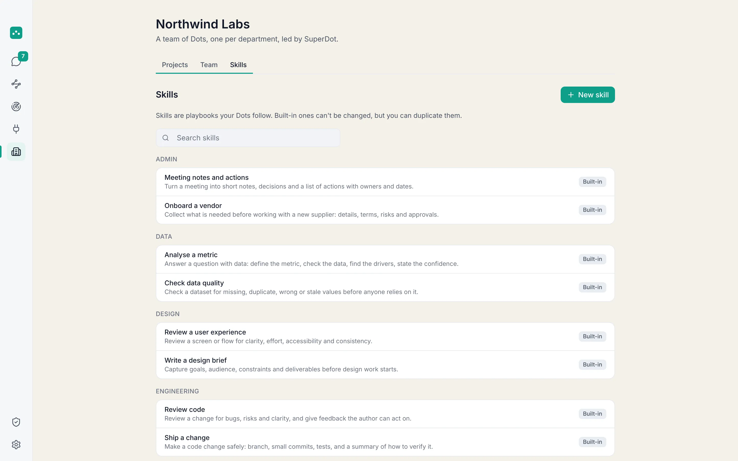 The Skills library in OpenDot: built-in playbooks grouped by department, with an editor for your own.