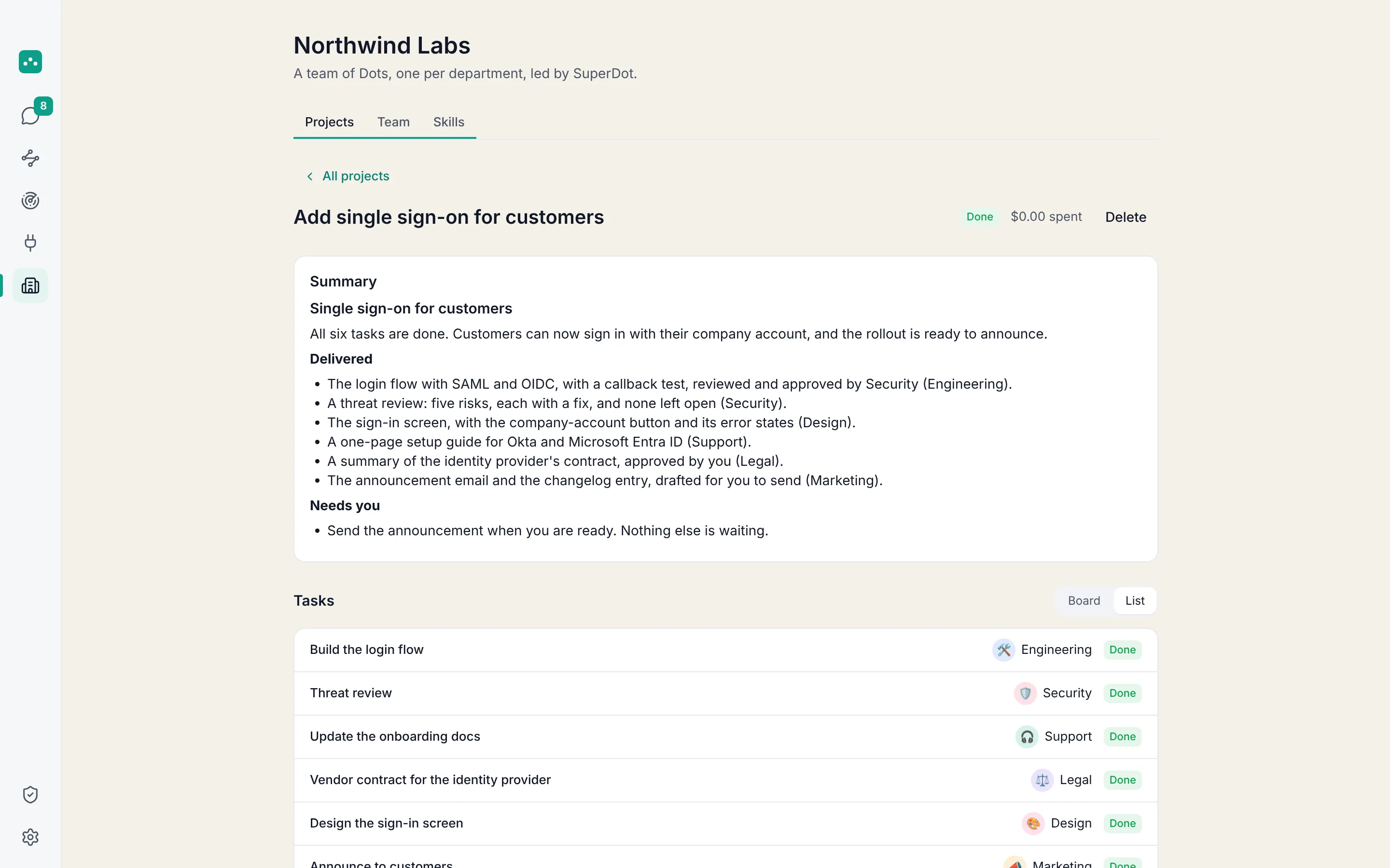 SuperDot's final report on a finished project in OpenDot, listing what was delivered and what needs you.