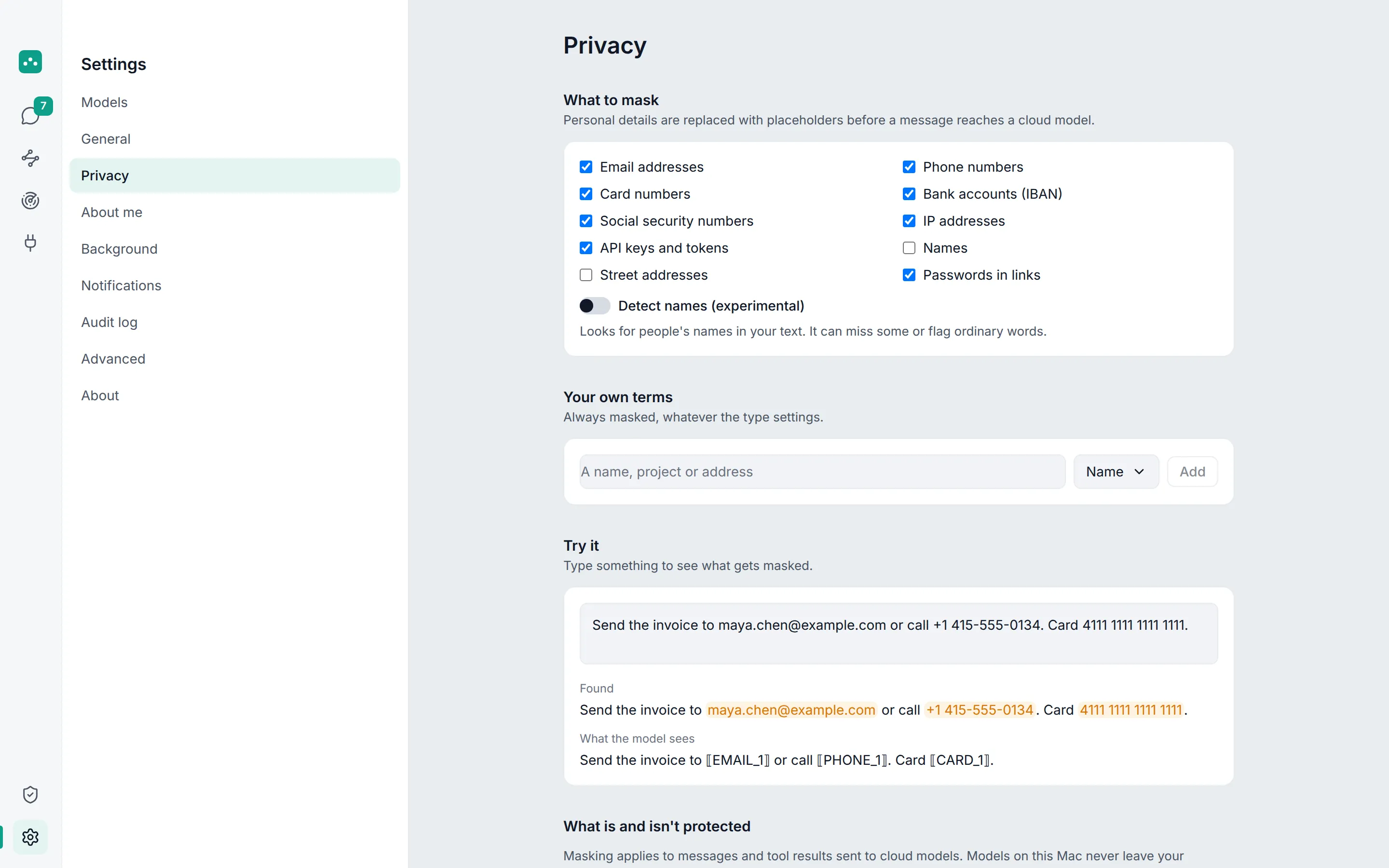 OpenDot's privacy settings, showing what gets masked before a cloud model sees a message.