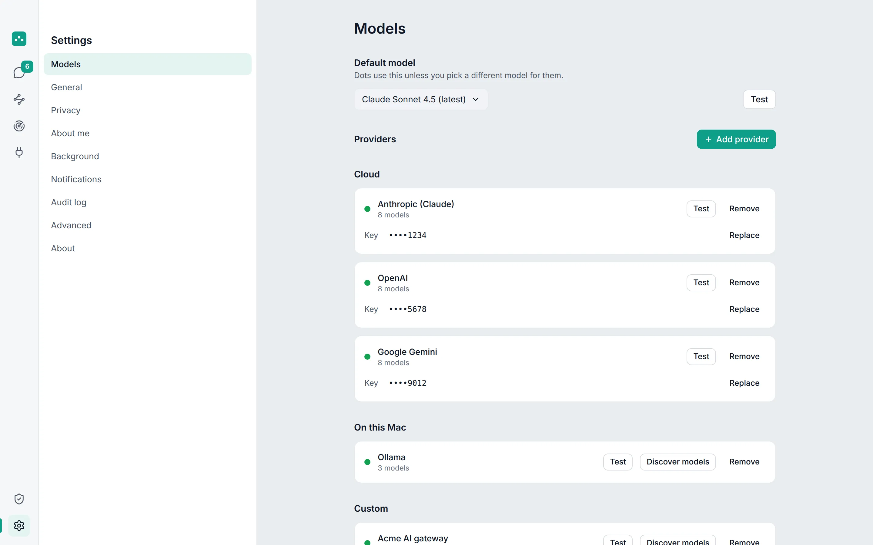 OpenDot's model settings with cloud providers, Ollama on this Mac and a custom provider.