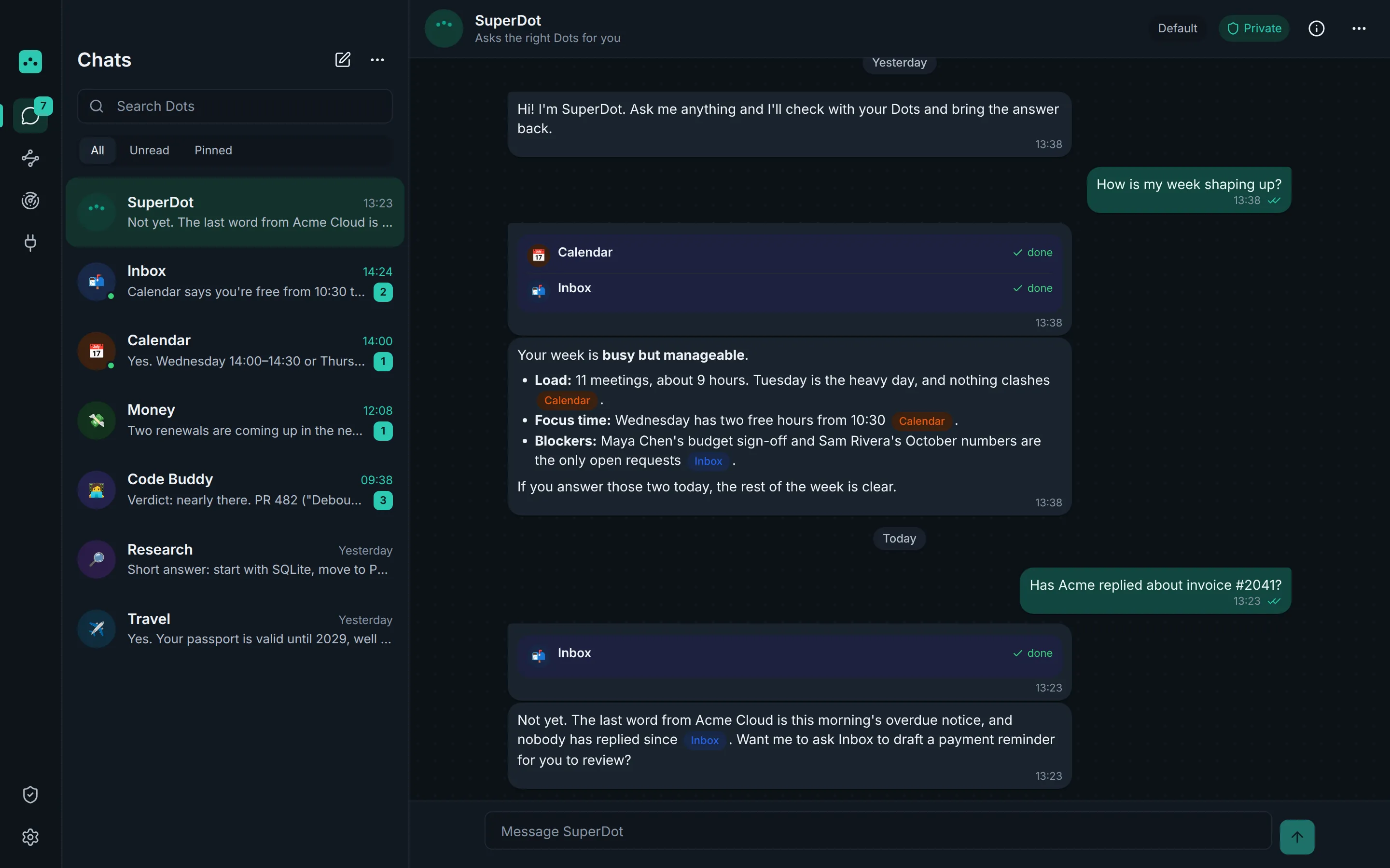 The OpenDot sidebar with all your Dots listed.