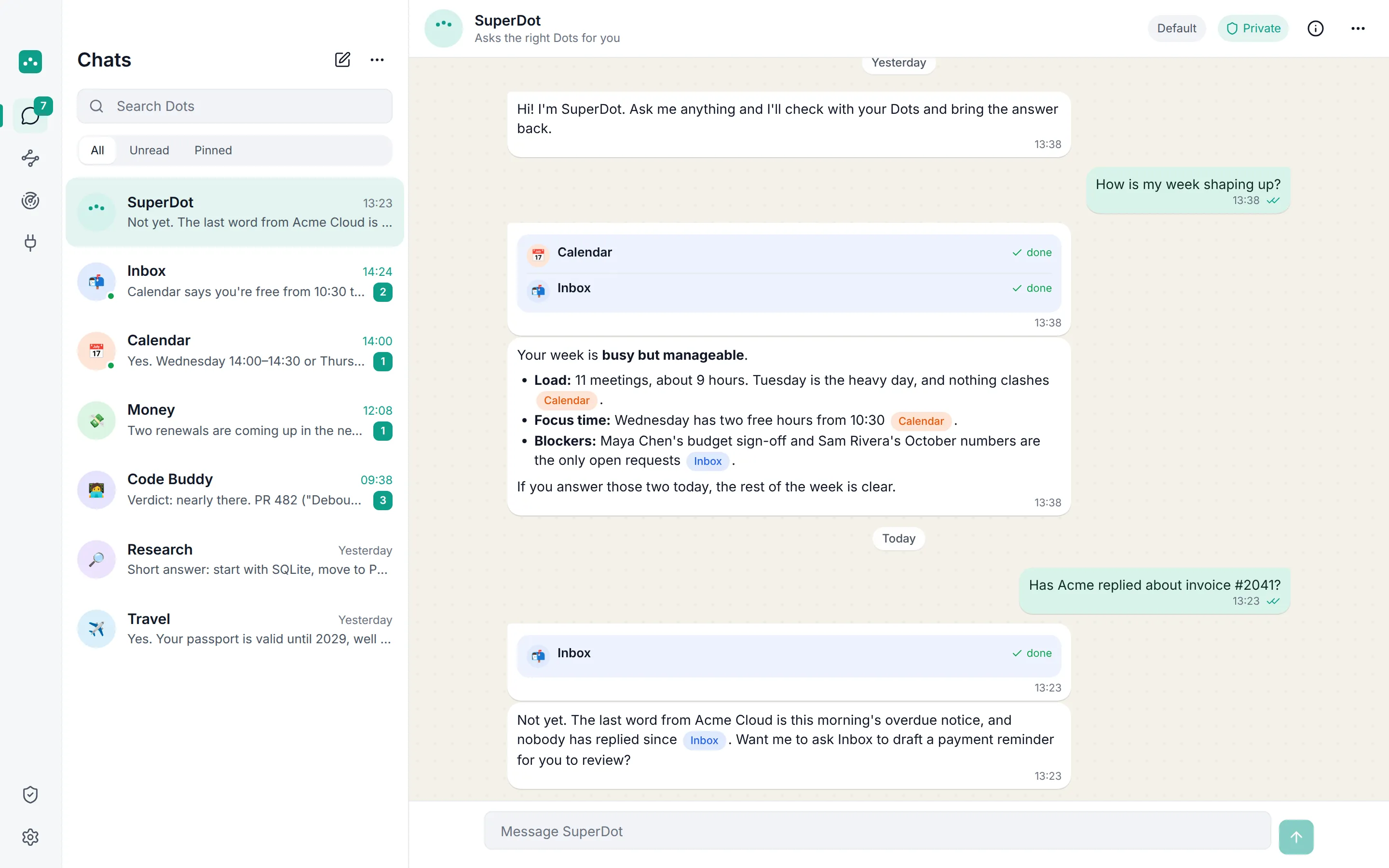 OpenDot running on a Mac with the sidebar of Dots.