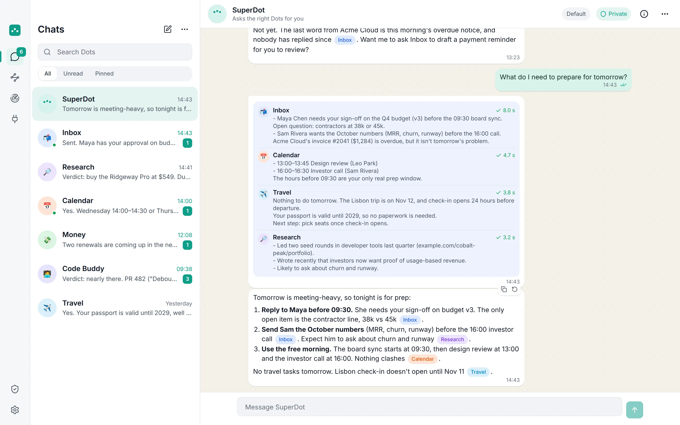 SuperDot's combined answer in OpenDot, citing the Inbox and Calendar Dots.