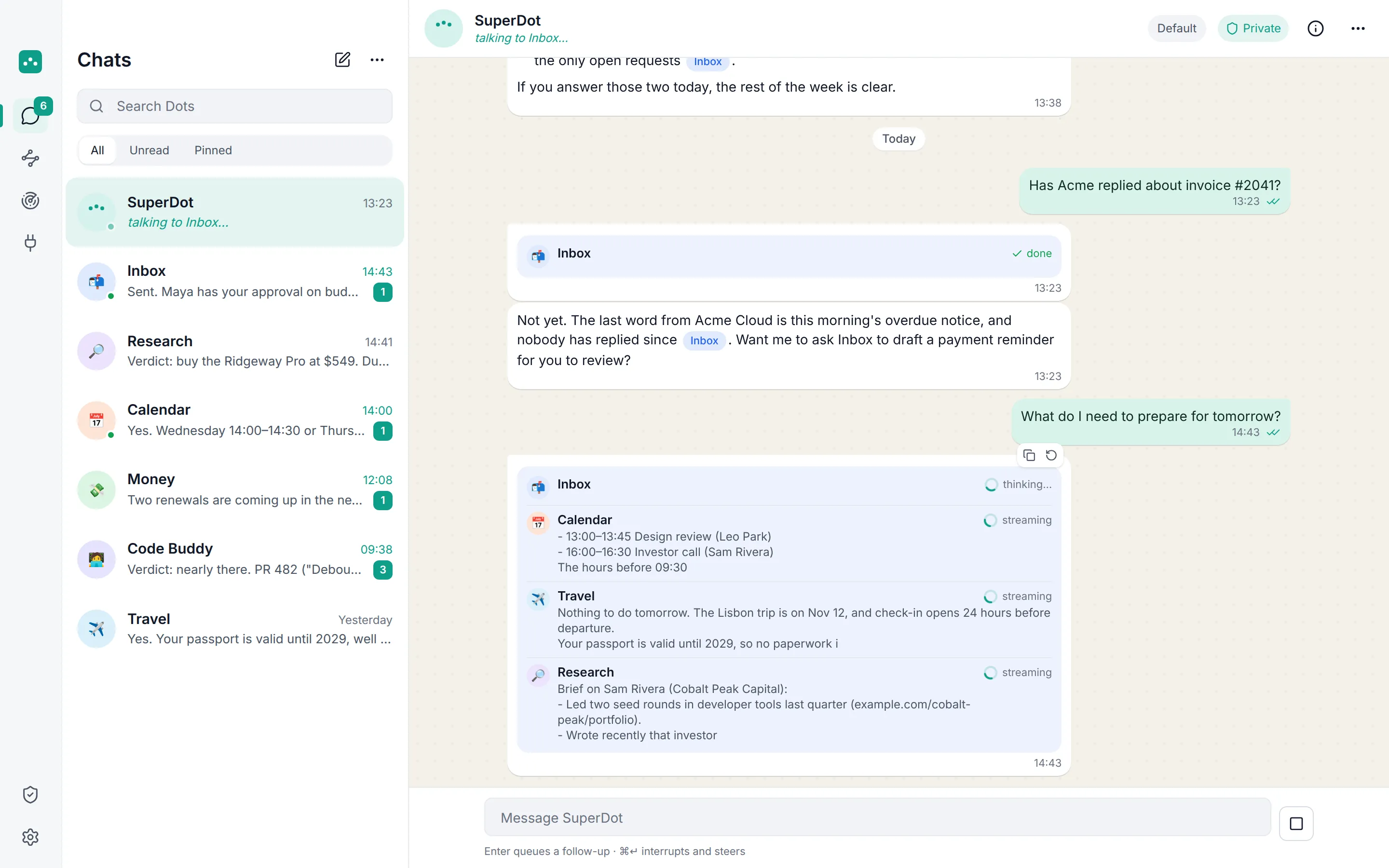 SuperDot fanning a question out to several Dots in OpenDot and streaming their answers live.